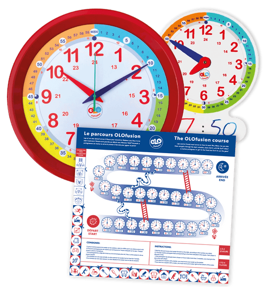 Boîte de 15 trios futés rouges -- > chaque trio comprend : une horloge, un cadran et un jeu